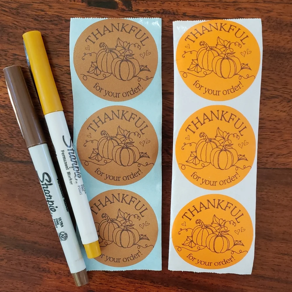 3/$15 THANK YOU STICKERS ORANGE BROWN LARGE TWO INCH FALL THEME